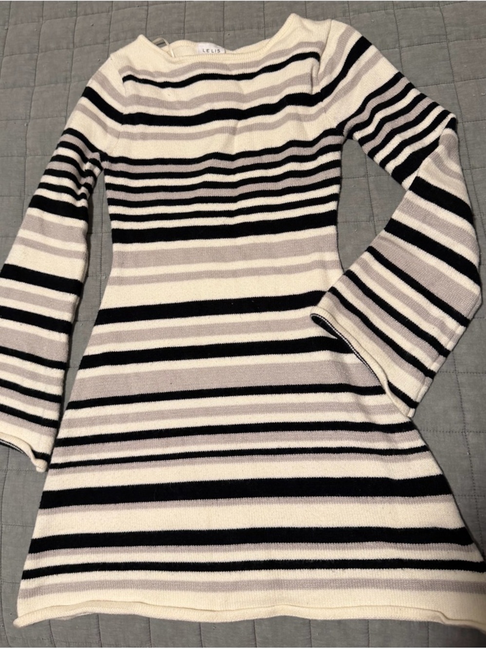 Black and Cream Striped Long-Sleeve Knit Dress